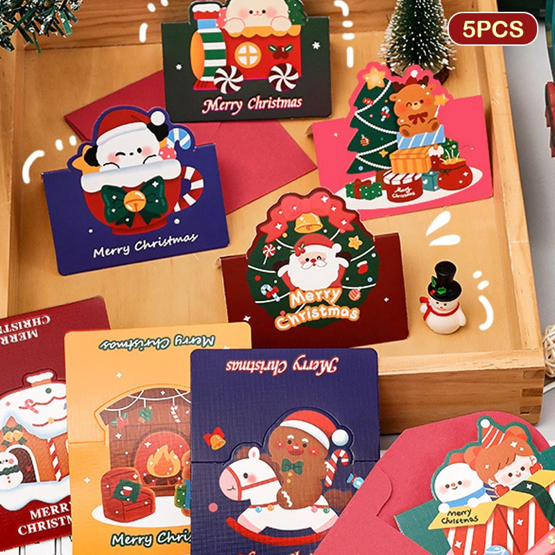

5PCS/SET Kawaii 3D Foldable Christmas Theme Greeting Cards Cute Blessing Envelopes Writing Paper DIY Holiday Gift Message Cards