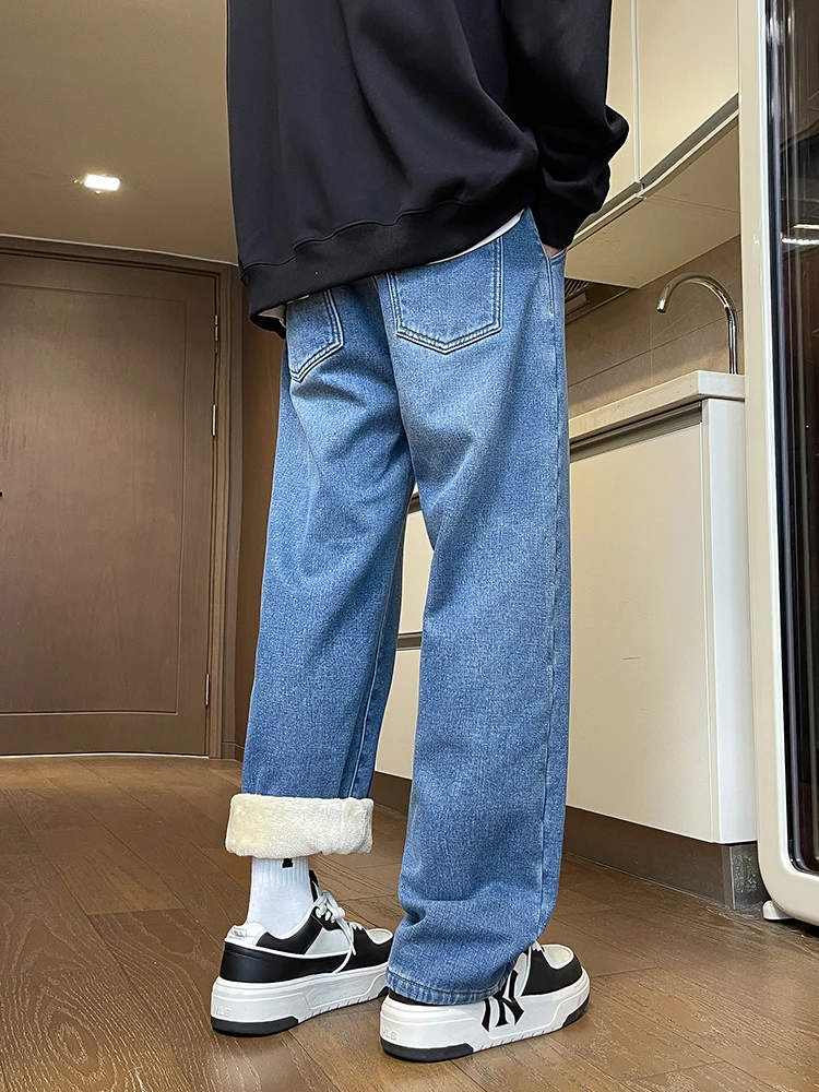 Men's Winter Pants Fleece-lined Straight Jeans Korean Fashion Elastic Waist Semi-Wide Baggy Denim Pants Thick Warm Jean Trousers 5