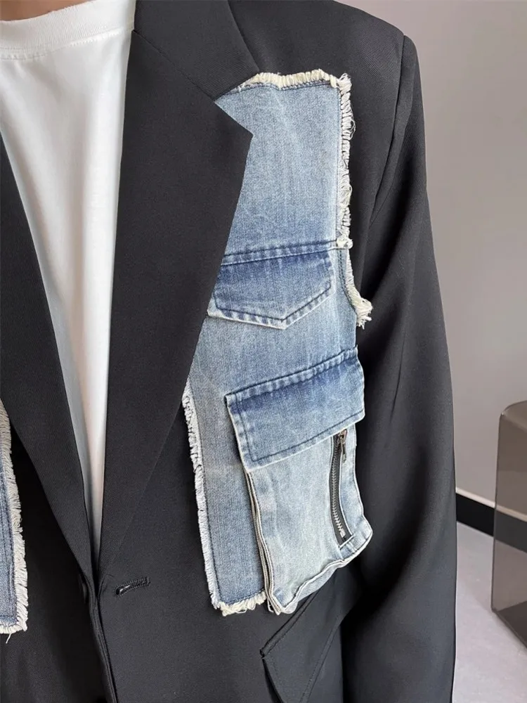 Mens Denim Spliced Casual Blazer Loose Fit Single Breasted Party Suit Coat Spring Designer Shoulder Pad Business Work Blazers