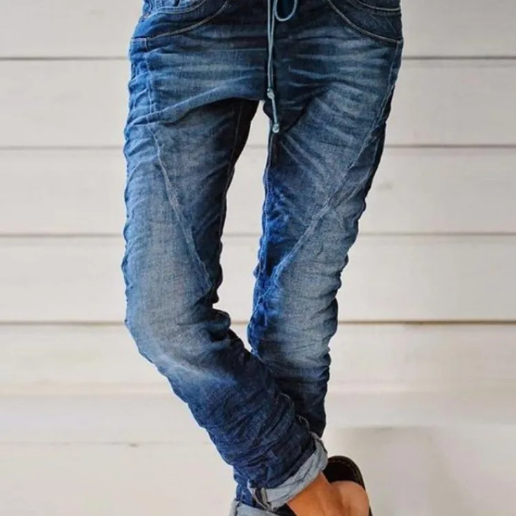 

Женские джинсы-карандаш, однотонные потертые брюки до щиколотки с поясом на резинке и карманами, 2023