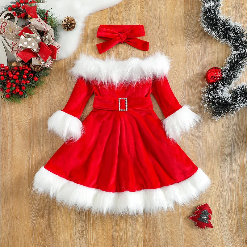 Kid Baby Girl Christmas Clothes Set Faux Fur Patchwork Long Sleeve Off Shoulder A-Line Dress with Belt + Bow Headband girls dress princess costume kids clothes
