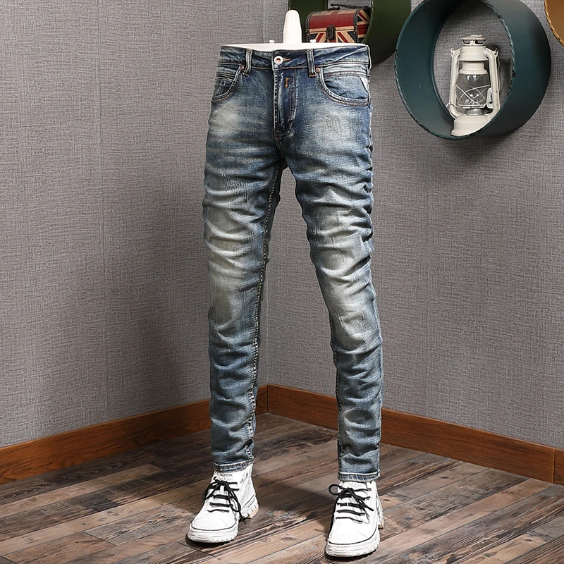 Fashion Streetwear Men Jeans Retro Blue Elastic Slim Fit Ripped Jeans Men Italian Vintage Designer Casual Denim Pants Hombre
