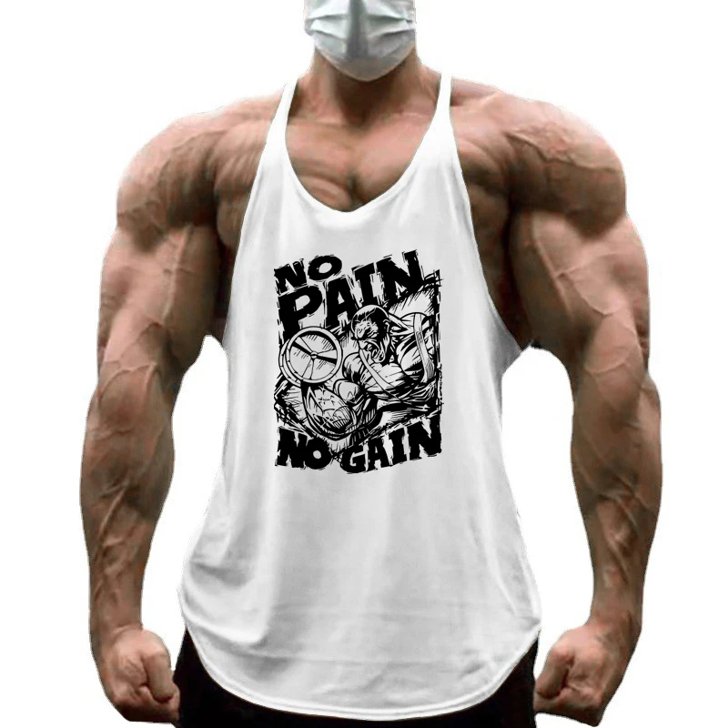 Men's Casual Fashion NO PAIN NO GAIN Print Bodybuilding Tank Tops Gym Fitness Cotton Breathable Y-back Summer Sleeveless Shirt