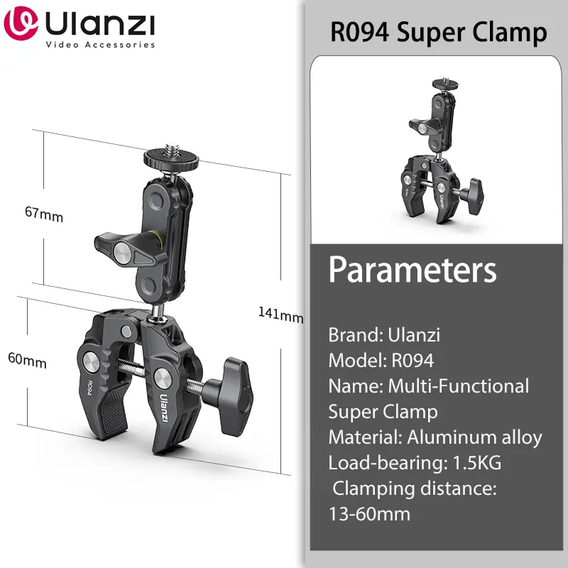 Ulanzi R094 Metal Super Clamp with Double Ball Head Magic Arm Clamp with 1/4" 3/8" Hole for DSLR Camera Monitor Light Mic Mount - Image 10