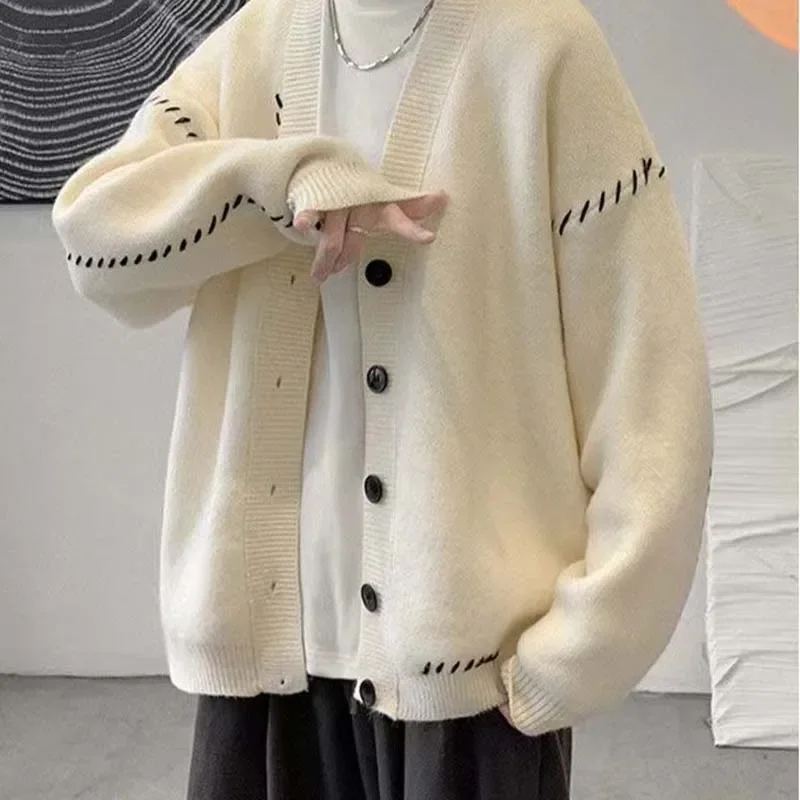 Autumn V-neck Cardigan Sweater Men Women Streetwear Loose Lazy Style Korean Vintage Knitwear Jacket Fashion Brand Mens Cardigan