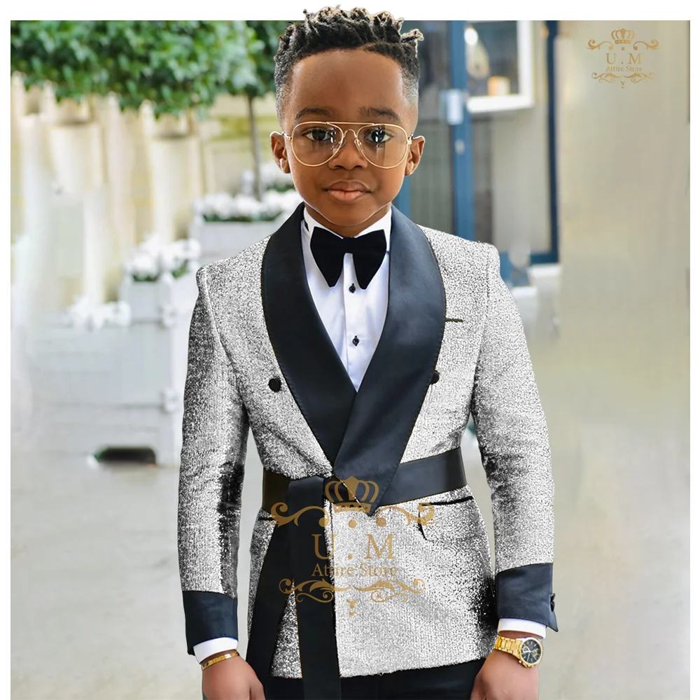 Boys Formal Suit Set Boys' shiny suit 2-piece set (jacket + pants) gold sequin shawl lapel waistband children tuxedo for wedding banquet party