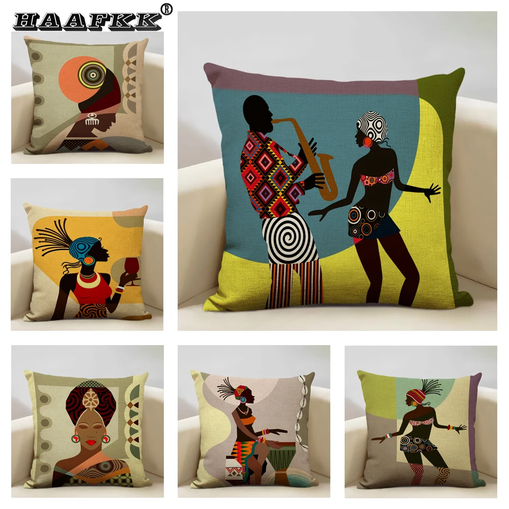 

African Culture Art Cushion Cover Living Room Bedroom Decoration Sofa Hugging Pillow Cover 45x45cm Linen Pillowcase