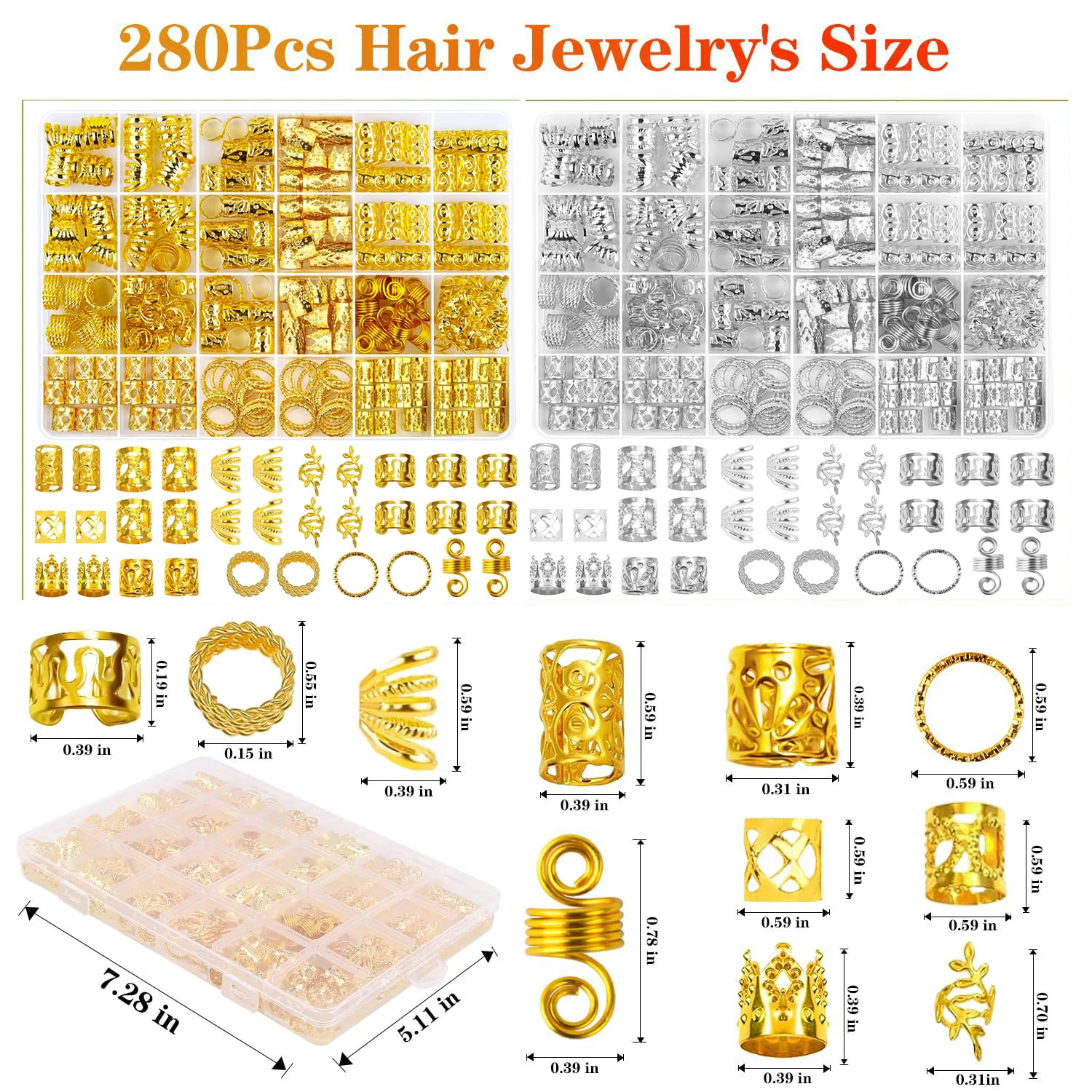 290Pcs Silver Gold Hair Beads Jewelry Braid Accessories Hair Clips Dreadlocks Braiding Braid Cuffs Metal Hair Rings Charms 4
