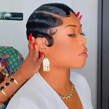 Short Finger Wave Wig Brazilian Human Hair Wig For Women BrowFull Machine Wig Pixie Cut Wigs for Woman