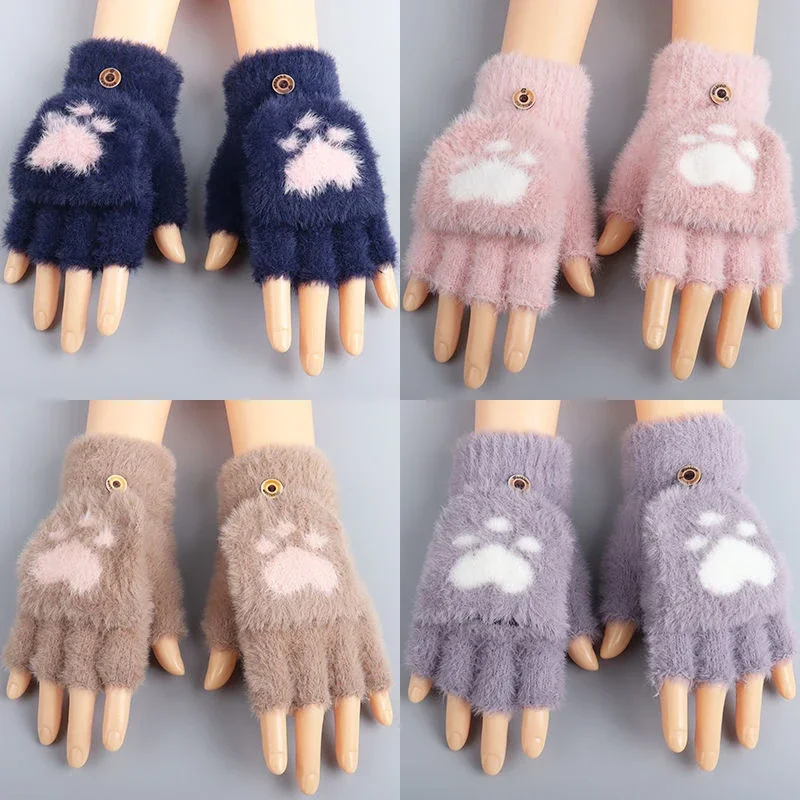 Mink Gloves Cute Cat Claw Winter Warm Touchscreen Gloves Women Men Fluff Fingerless Flip Gloves Outdoor Knitted Mittens Glove kawaii thickened velvet warm full finger gloves cat claw cute plush gloves winter even fingers gloves girl mittens cold proof