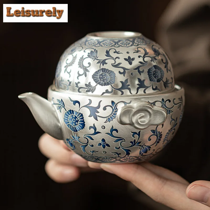 Gilt Silver Twining Lotus Travel Tea Set Kit Zen 1 Pot 2 Cups Tea Brewing Organizer Portable Picnic Tote Bag White Porcelain Set