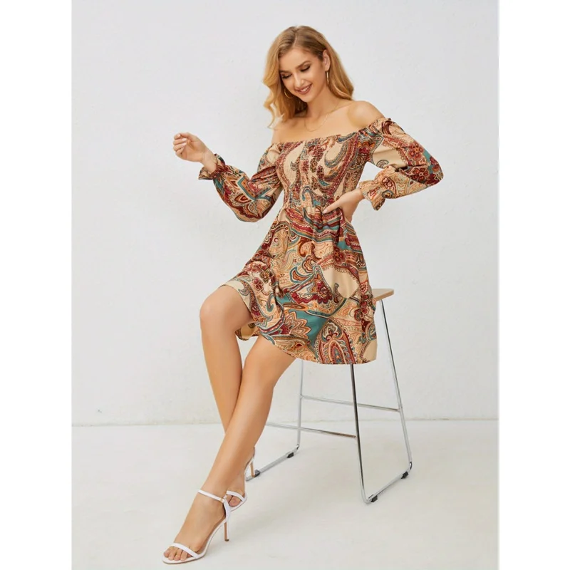 

Pailey print off shoulder dress, boho ruffle trim shirred dress, WOMEN'S clothing