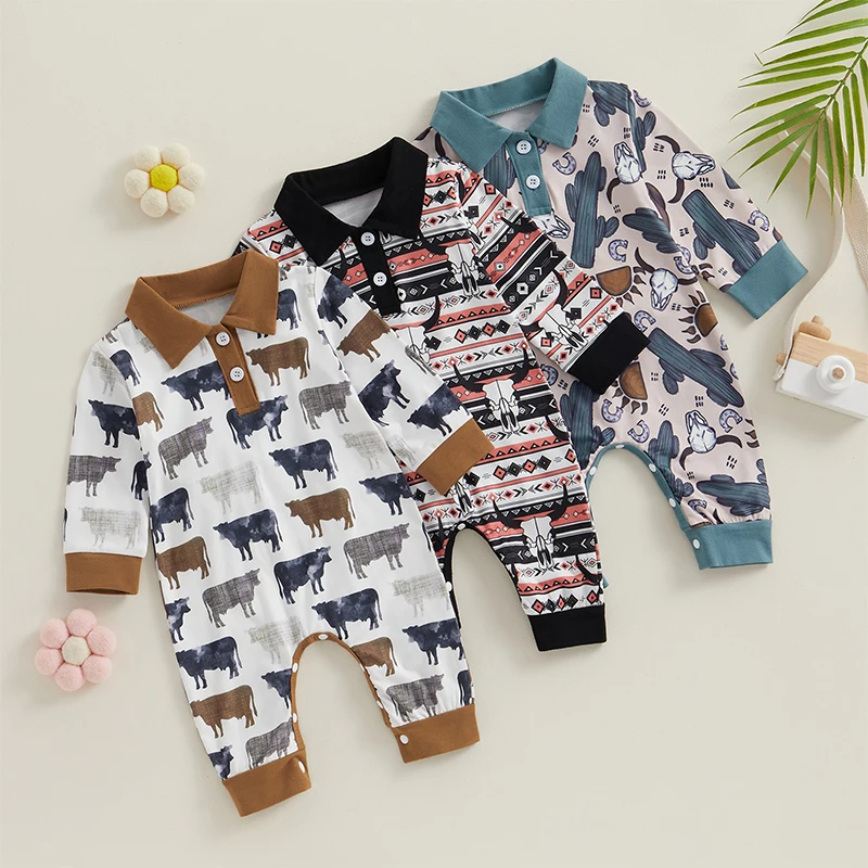 

Spring Autumn Newborn Baby Boys Girls Rompers Clothing Cattle Cactus Graphic Print Turn-down Collar Jumpsuits Playsuits Overalls