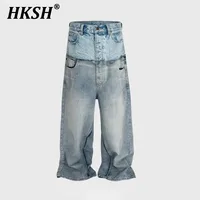 HKSH Spring Autumn New Men's Tide Punk Ripped Denim Pants Women's Spliced Double Layer Waist Baggy Jeans Streetwear Chic  HK3747 1