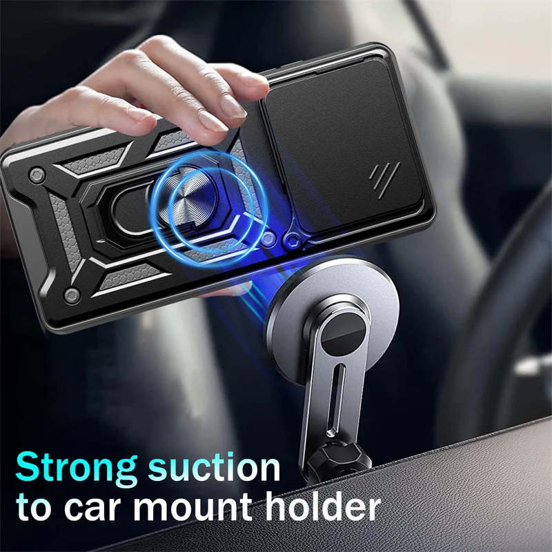 Magnetic Ring Holder Armor Back Cover - Shockproof Protective Case with Car Mount Feature