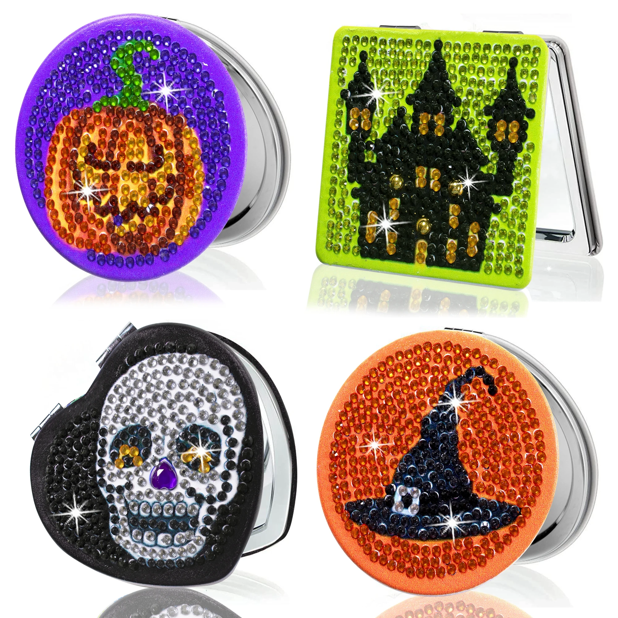 1pc/Set DIY Halloween Diamond Art Mirror Compact 4 Styles Portable Folding PU Leather Diamond Painting Pocket Mirror for Women