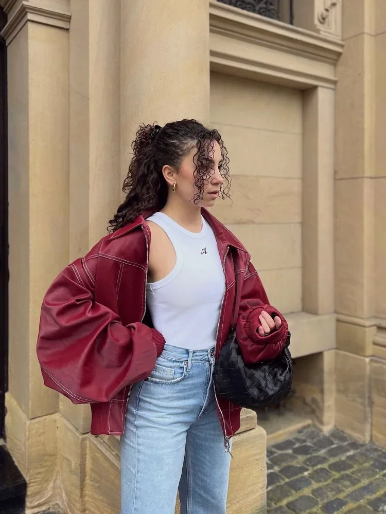 سترة جلدية بسحاب أحمر نبيذ للنساء ، أكمام طويلة غير رسمية ، معطف قصير بطية صدر ، ملابس خارجية عتيقة ، موضة الخريف 3 سترة جلدية بسحاب أحمر نبيذ للنساء ، أكمام طويلة غير رسمية ، معطف قصير بطية صدر ، ملابس خارجية عتيقة ، موضة الخريف 3