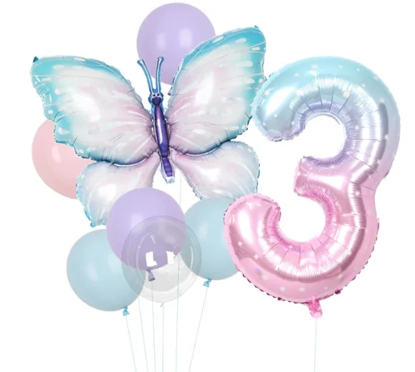 Neue Schmetterlings-Themen-Geburtstagsparty-Artikel: Schmetterlings-Tischgeschirr, Teller, Becher, Servietten, Tischdecke, Party-Deko, Ballons, Papa-Armband – Detail 24