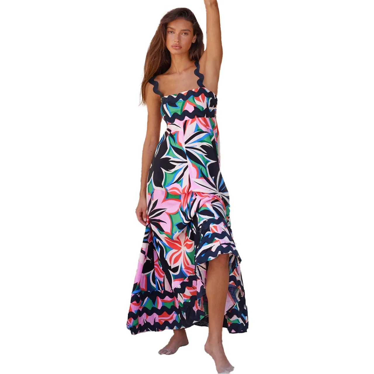 Bohemian Summer Printed A-line Long Dress Sexy Backless Holiday Beach Spaghetti Strap Dresses For Women Maxi Vestidos Para Mujer