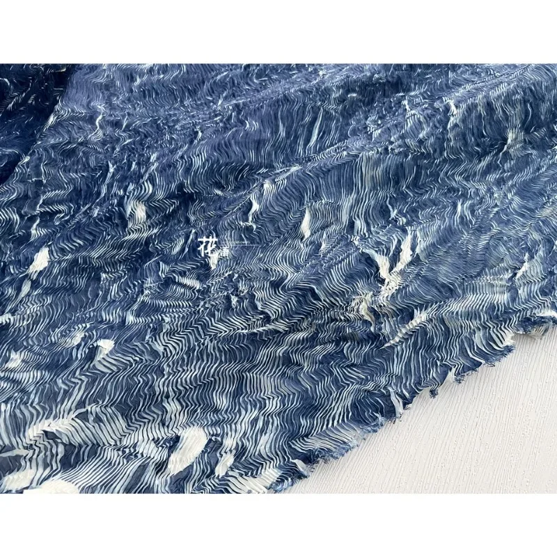 Pleated Texture Fabric Water Wave Crepe Lake Blue Designer Arts Crafts Sewing Wholesale Cloth Diy Pure Polyester Material