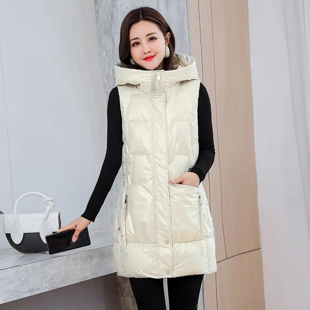 Fashion Vest Overcoat Plus Size Puffer Vest Solid Color Women Warm Sleeveless Long Type Hooded Jacket  Coldproof