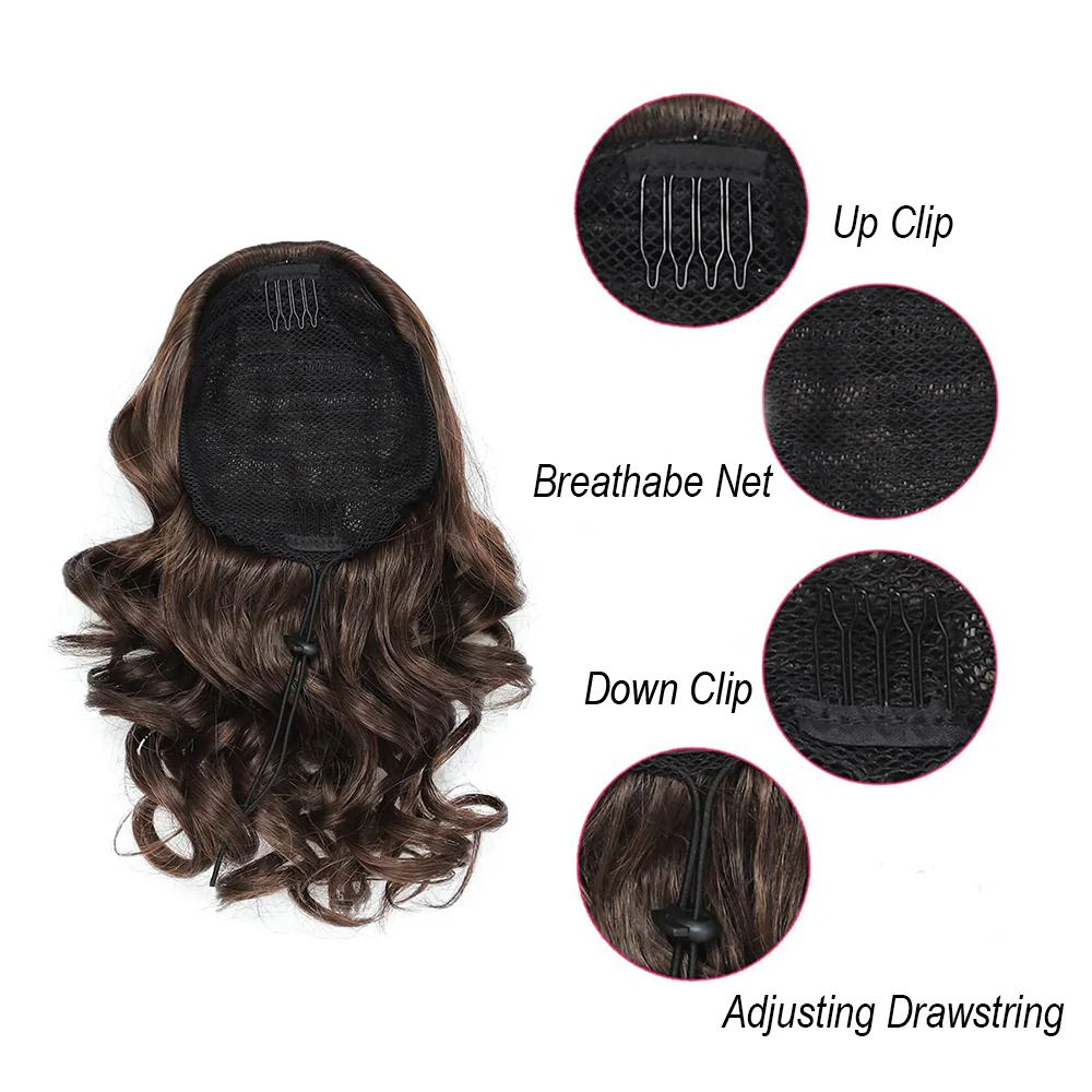 Synthetic short wave curly drawstring ponytail hair extensions suitable for daily use parties and gatherings for women