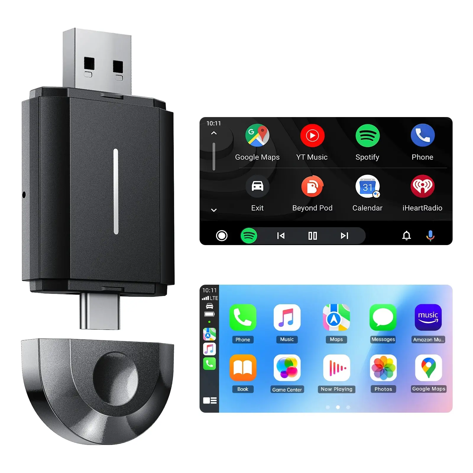 TOGUARD 2 in 1 무선 카플레이 어댑터 및 안드로이드 자동 무선 어댑터, 5Ghz 와이파이 C타입, USB 플러그 앤 플레이 무선 어댑터