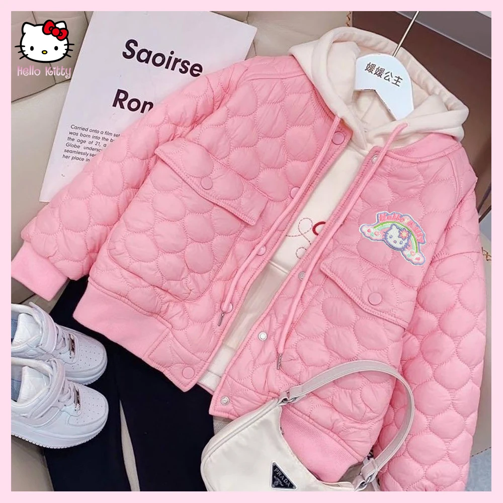 

Хлопковая куртка с аниме Sanrioed Hellokitty кавайная девочка Зимняя школьная одежда плотная теплая детская повседневная верхняя одежда в Корейском стиле для девочек
