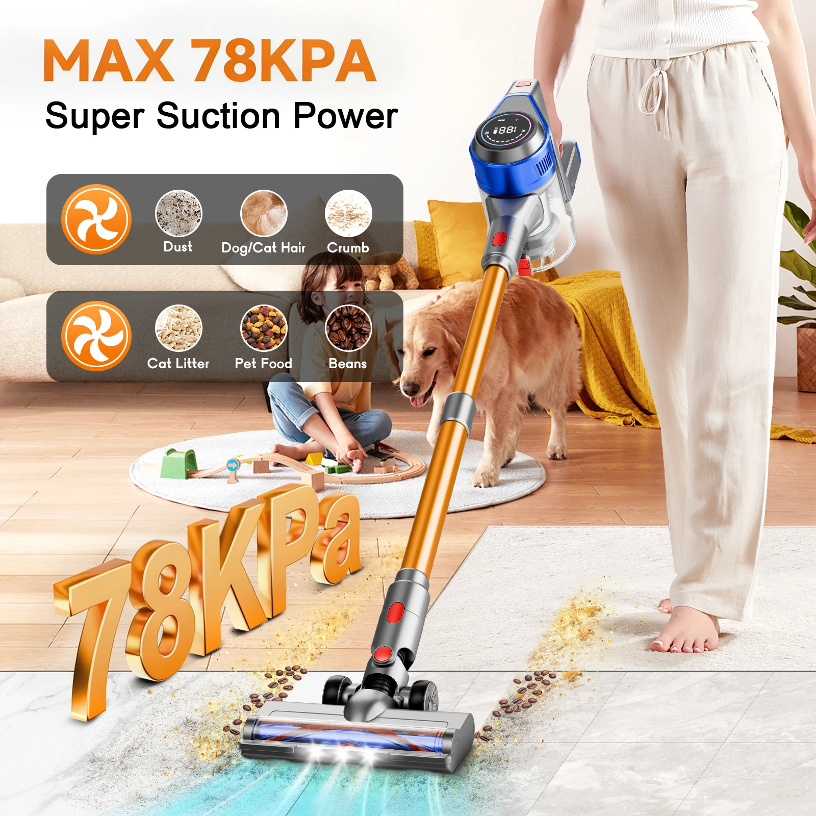 Honki 78KPA Cordless Vacuum Cleaner with LED High Power Strong Suction Wet and Dry Handheld Vacuum Cleaner for Pet Hair Carpet