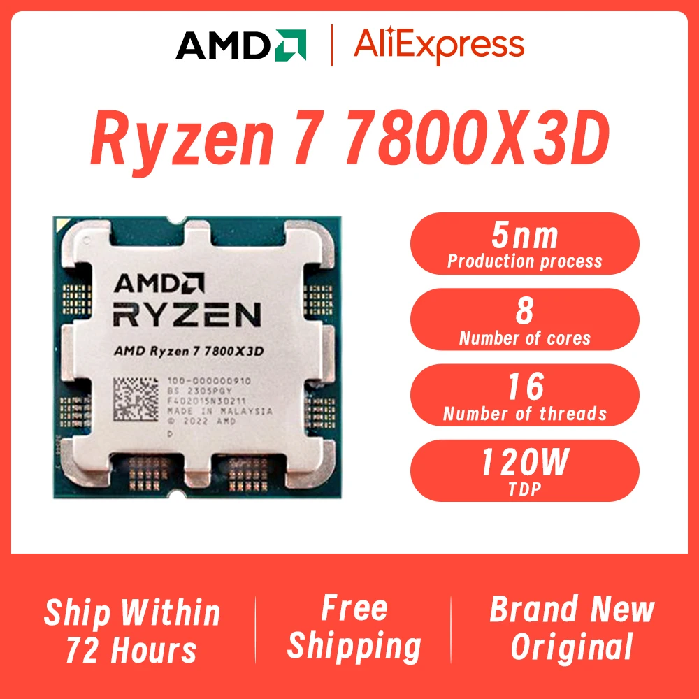 Processeur AMD Ryzen 7 7800X3D - Socket AM5, 4.2 GHz / 5.0 GHz, 8 Cœurs (Bulk)