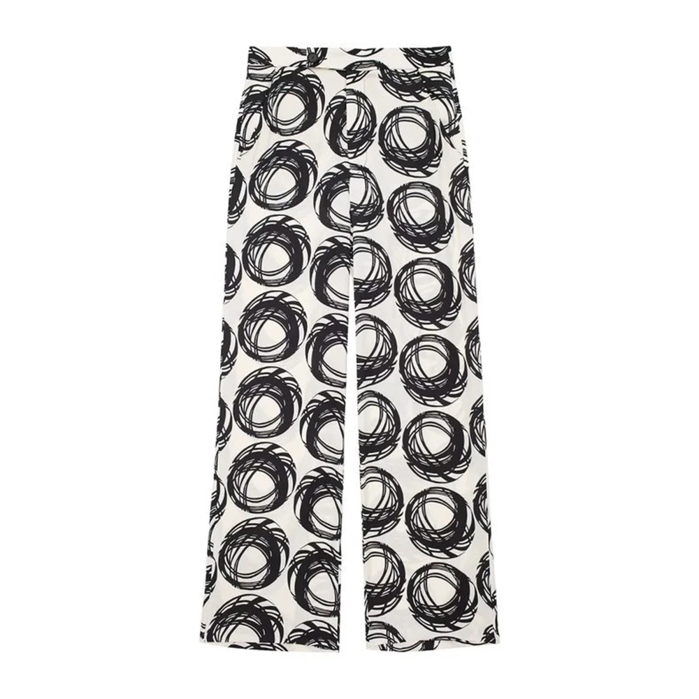 Taop & Za 여성 폴로 칼라 긴팔 프린트 셔츠 와이드 팬츠 세트, 캐주얼 패션, 용수철 신제품