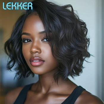 Lekker Black Short Curly Bob 13x1 C Part Lace Front 100% Human Hair Wigs For Women Brazilian Remy Hair Colored Glueless 12" Wigs