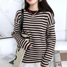 

Cashmere sweater women Striped O-Neck sweater knitted turtleneck pullover loose sweater women