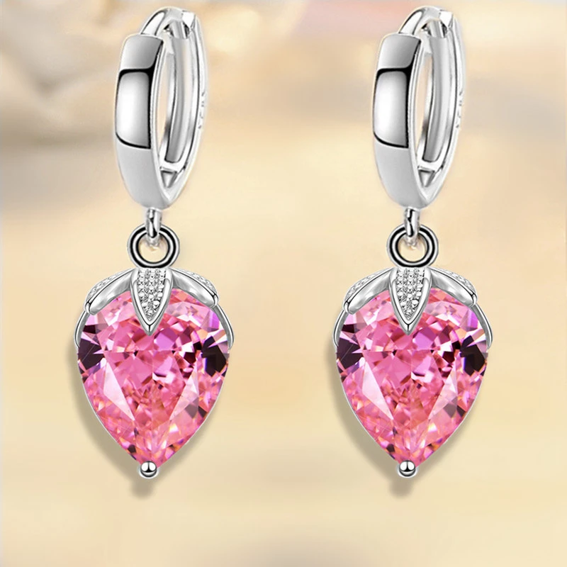

New 925 Stamp Silver Plated Strawberry Women Drop Earrings Fashion Drop Pendant Multicolor Zircon Earring For Women Jewelry Girl