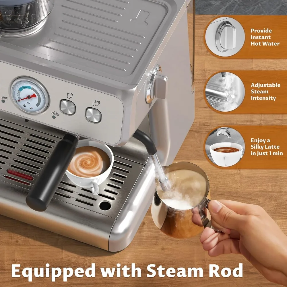 Espresso Machine 15 Bar, Coffee Maker for Cappuccino and Latte Maker with Milk Frother Steam Wand, Fast Heating Coffee Machine 4