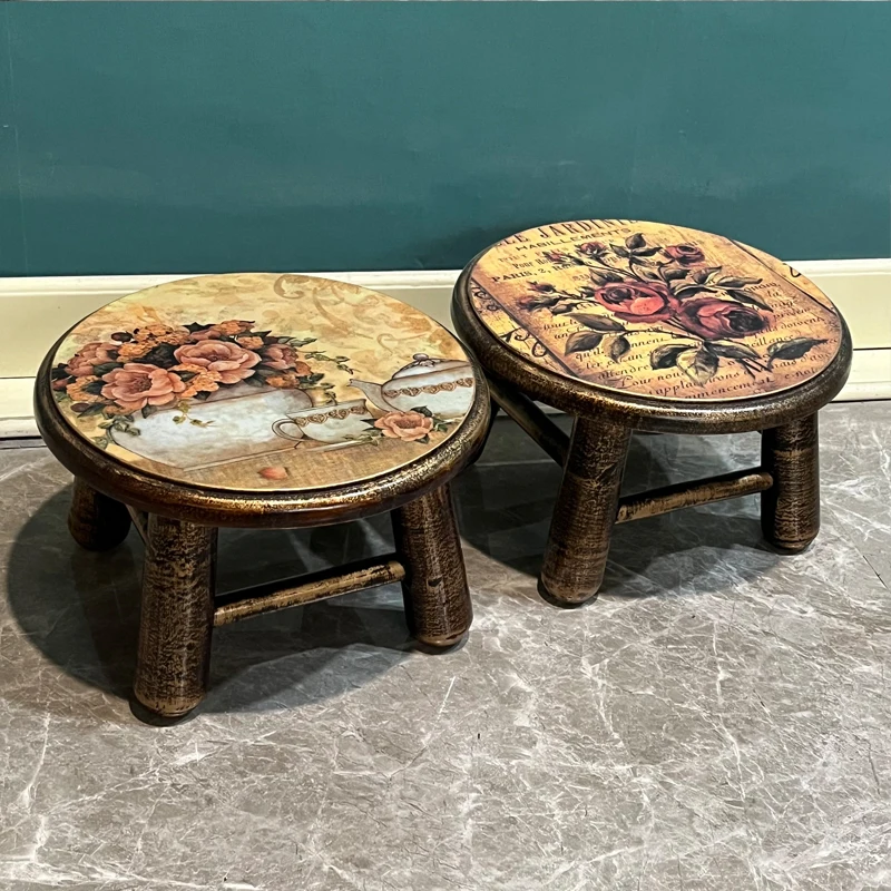 American Country Wooden Stool Cute Cartoon Children's Chair Household Round Low Stool Retro Art Footrest Livingroom Furniture 걸상