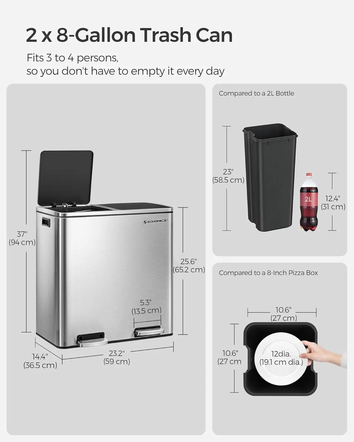 Trash Can, 2 x 8 Gallon (2 x 30 L) Garbage Can for Kitchen, with 15 Trash Bags, 2 Compartments, Plastic Inner Buckets and Hinged