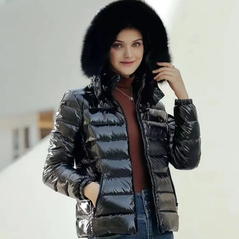 

Women's Winter Down Jacket Puffer Jacket Down Padding Coats Big Real Fox Fur Short Slim Warm Female Outerwear Black Clothing