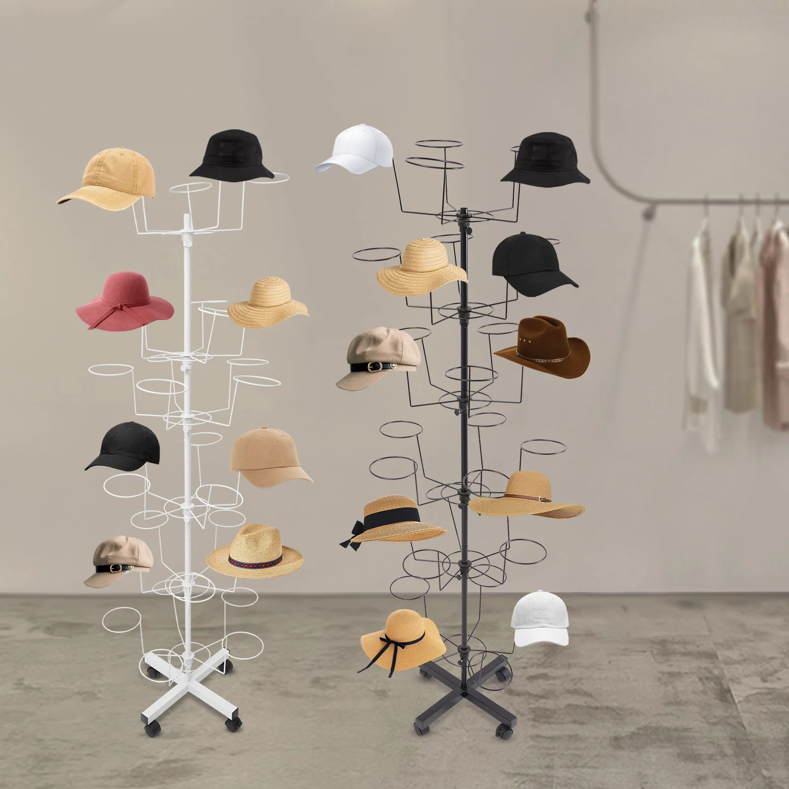 Schwarz/Weißer 6-stufiger Hutständer mit Rollen, drehbarer Hutpräsentationsständer, Cowboy- und Baseballmützenständer, für 30 Hüte, zur Organisation – Detail 1