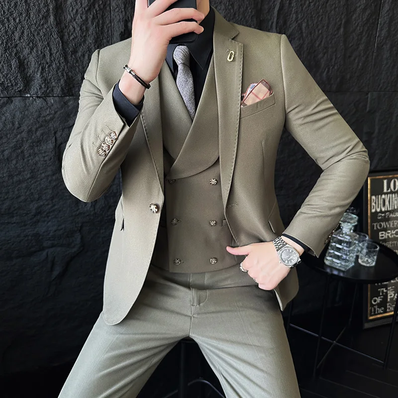 

Fashion New Men Casual Boutique Solid Color Business Slim Suit Coat Dress Blazers Jacket Vest Pants 3 Pcs Set Trousers Waistcoat