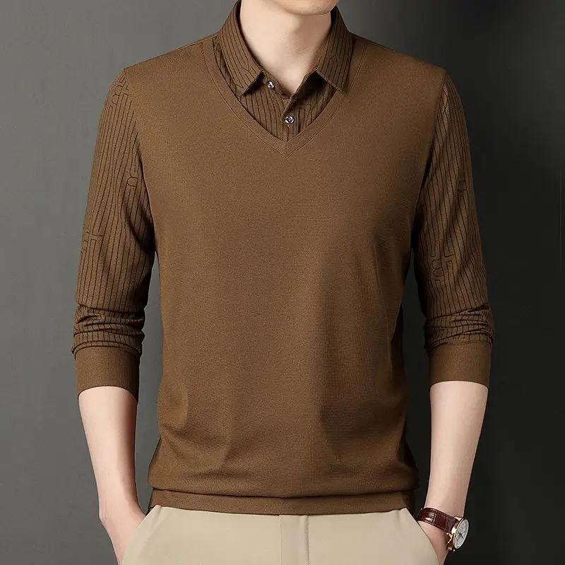 2023 Spring Autumn New Solid Color Turn-down Collar Shirt Man Button Long Sleeve Fake Two Pieces Pullovers Men Thin Style Tops