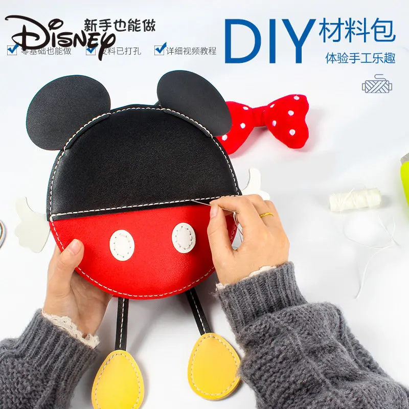 MINISO Bag Woman 2023 New Braided Everything Diy Handmade Bag Mickey Mouse Small Round Bag Single Shoulder Oblique Span Bag