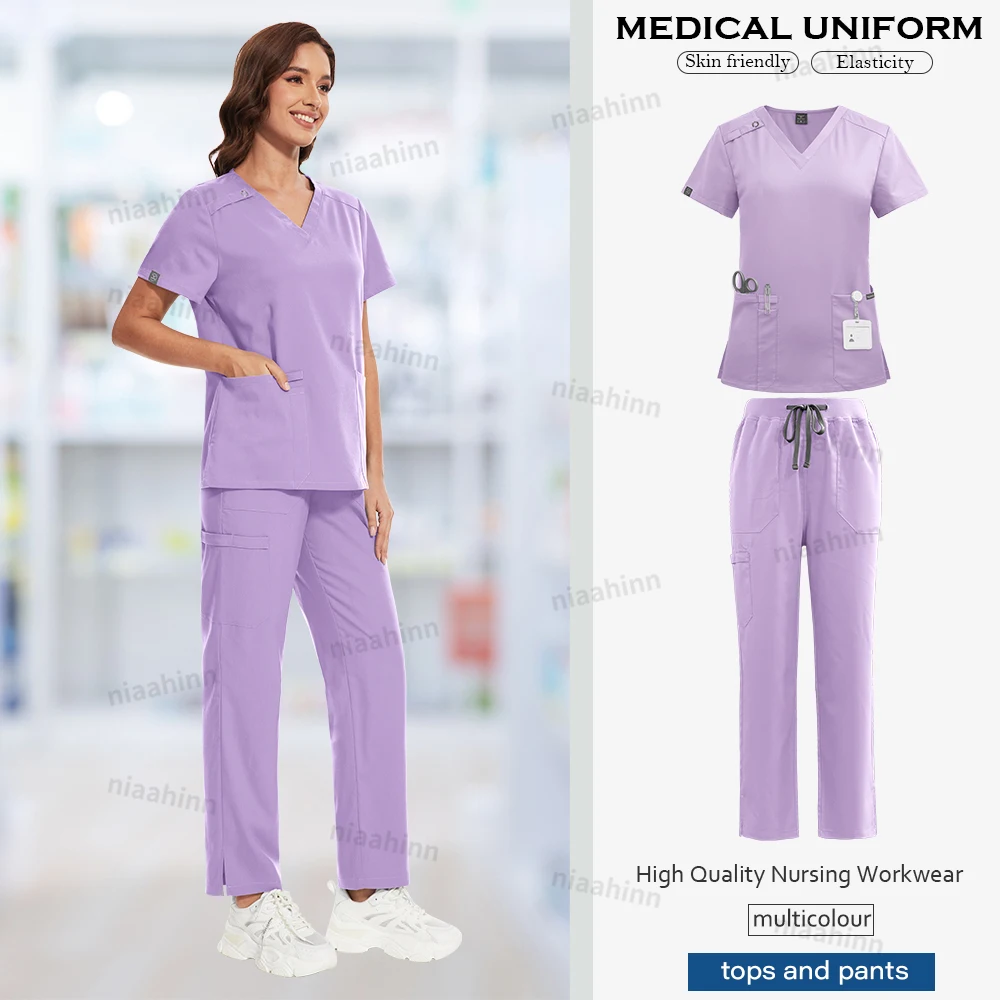 Niaahinn Arbeitskleidung Stretch Scrubs Uniformen Sets Krankenschwester Scurb Uniform Frauen Medizinische Scrubs V-ausschnitt Kurzarm Gerade Hosen Sets – Detail 10