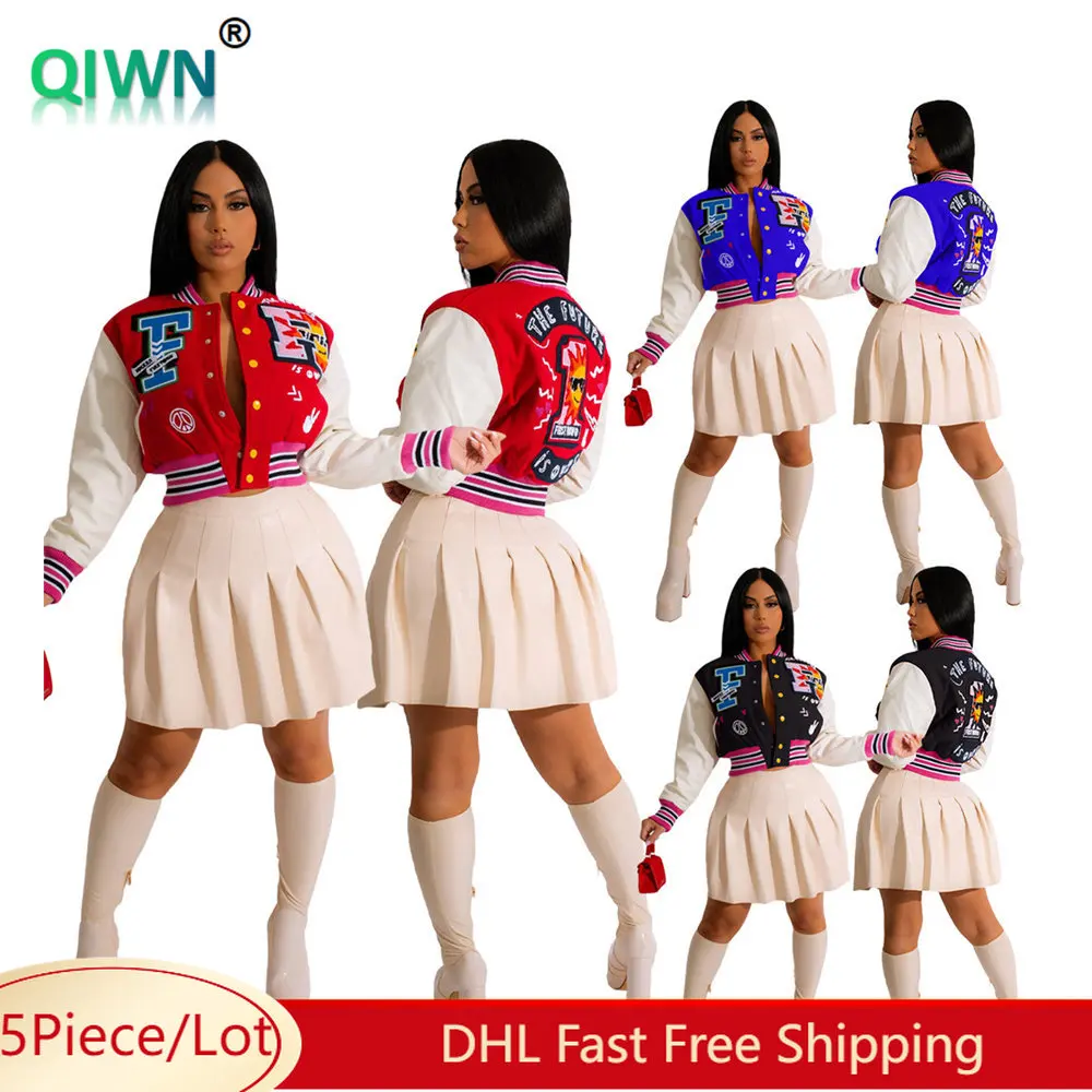 5pcs Bulk Item Wholesale Women Baseball Jackets Letter Print Button