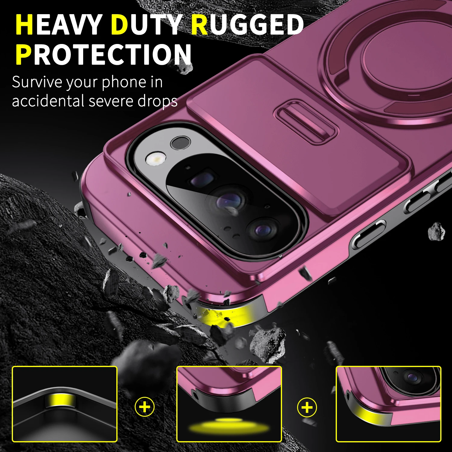 Slide Camera Protection Armor Phone Case with Magnetic Holder and Metal Ring Cover