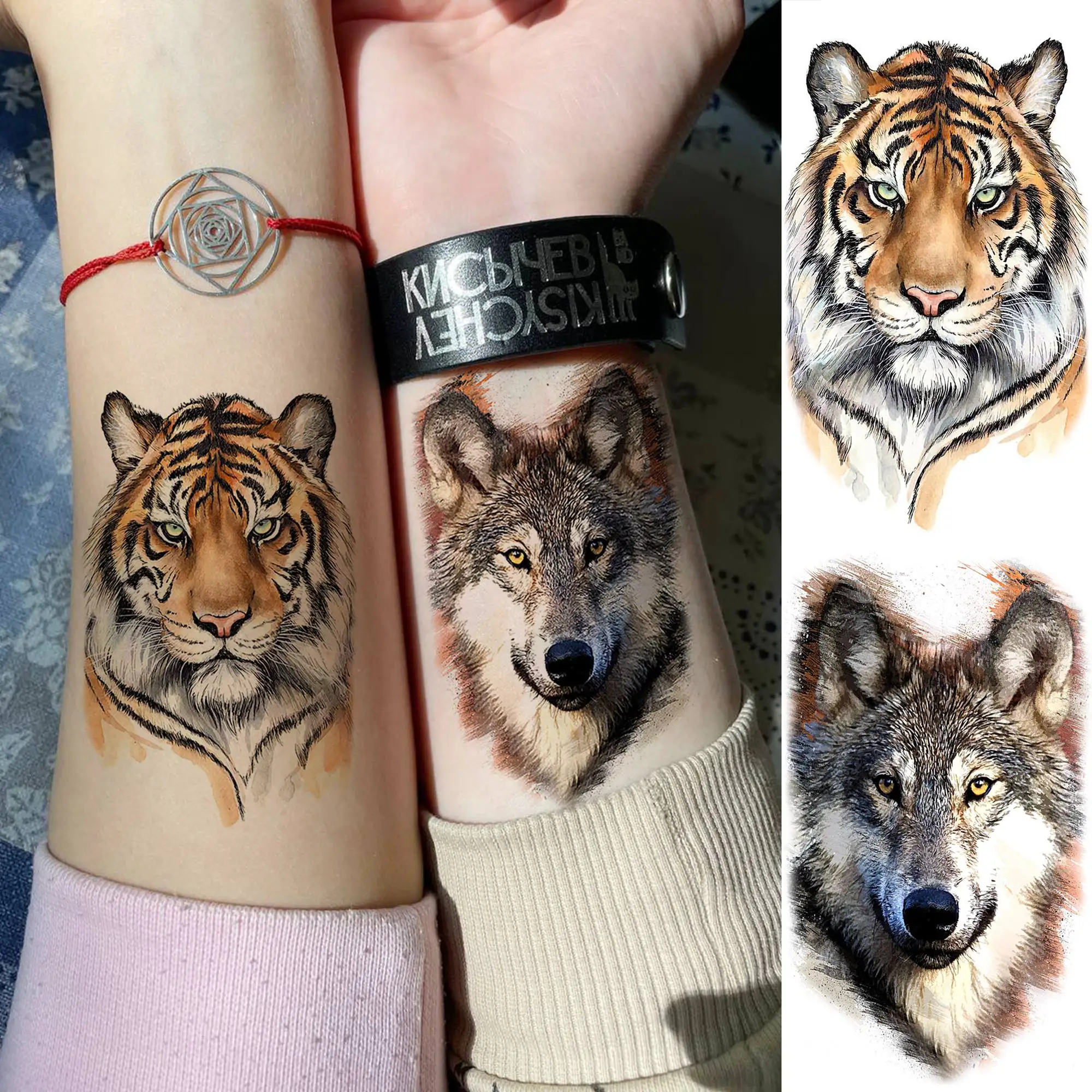 15 fogli animali ad acquerello tatuaggi temporanei per adulti mani da braccio falso tatuaggio adesivo Flash leone lupo tigre tatuaggi pittura