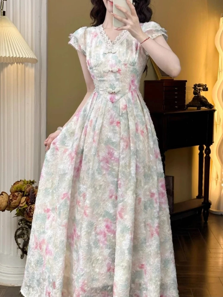 Sweet Elegant Long Floral Dress Women Casual Vintage Lace