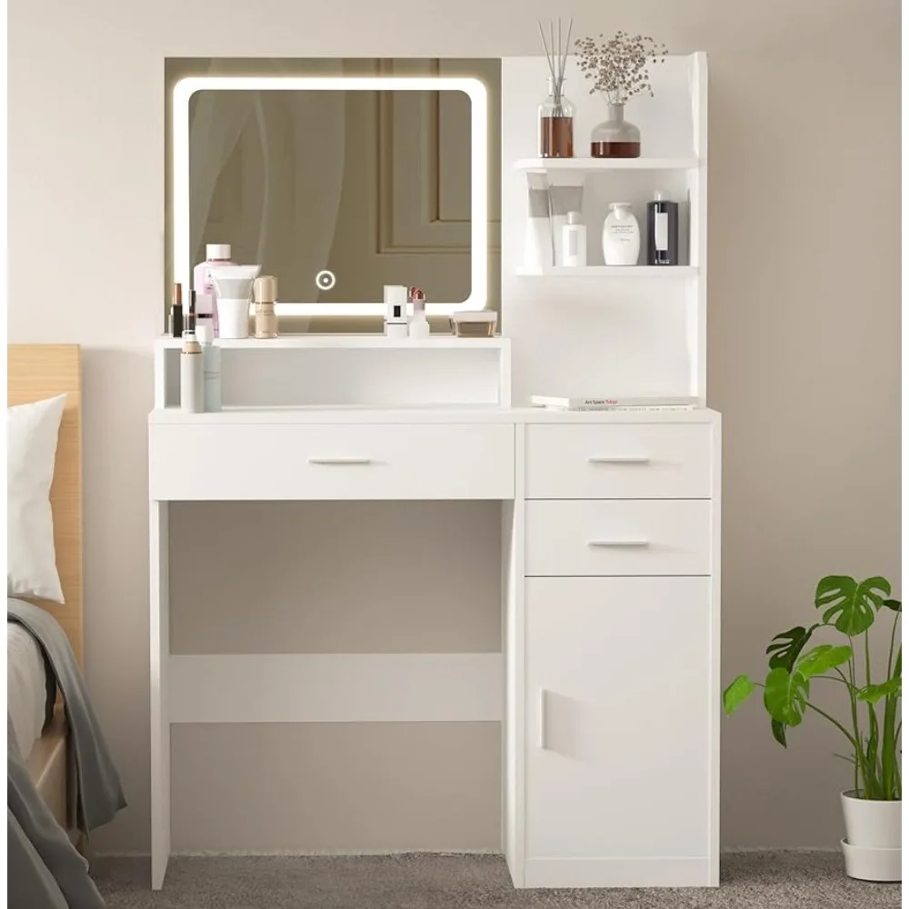 

Vanity Makeup Furniture Dressing Table With Mirror Bedroom (White) 3 Drawer Lots Storage & Cabinet & Open Shelves Dressers Set