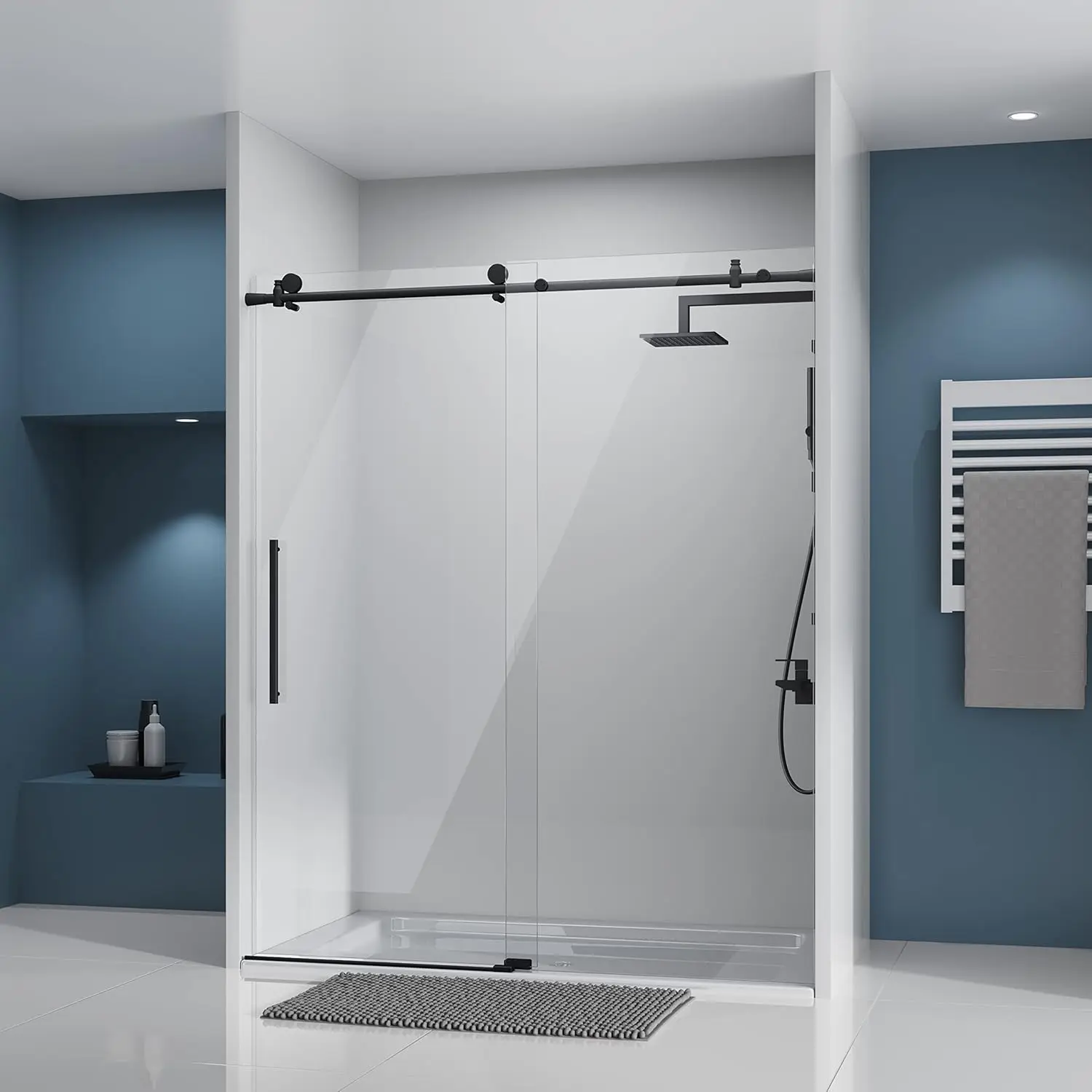 Frameless Sliding Shower Door Glass Door with Clear Tempered Glass Explosion Proof Film Stainless Steel Hardware Matte Black