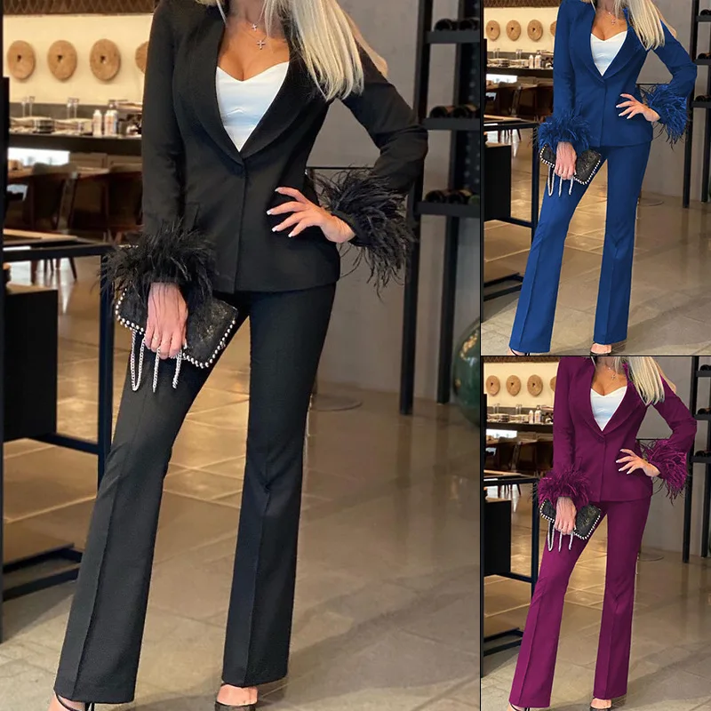 

2023 Autumn Solid Color Slim Suit Women Feather Stitching Long Sleeve Single Button Blazer High Waist Flared Pants Trousers Suit